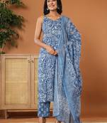  blue cotton strappy kurta dupatta set