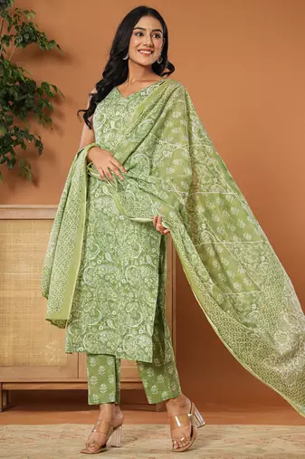  green cotton strappy kurta dupatta set