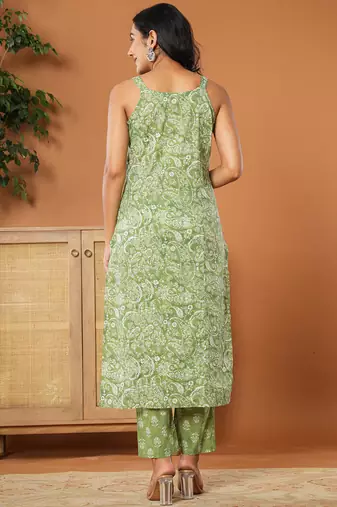  green cotton strappy kurta dupatta set