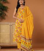  mustard cotton sleeveless kurta dupatta set