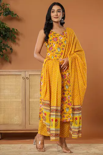  mustard cotton sleeveless kurta dupatta set