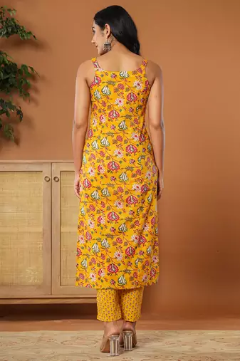  mustard cotton sleeveless kurta dupatta set