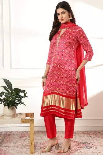  pink gajji silk zari work kurta dupatta pant set