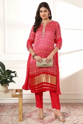  pink gajji silk zari work kurta dupatta pant set