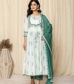 green sequins work cotton anarkali kurta and trouser with dupatta set