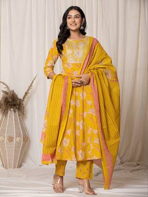  mustard cotton dori embroidery anarkali kurta dupatta set 1