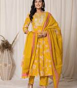 mustard cotton dori embroidery anarkali kurta dupatta set