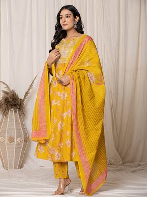  mustard cotton dori embroidery anarkali kurta dupatta set 2