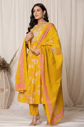  mustard cotton dori embroidery anarkali kurta dupatta set