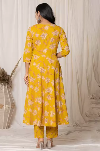  mustard cotton dori embroidery anarkali kurta dupatta set