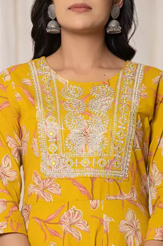  mustard cotton dori embroidery anarkali kurta dupatta set