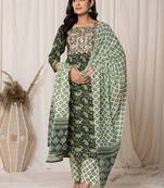 green paisley pure cotton straight kurta and trouser with dupatta set