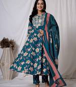  sea green floral pure cotton anarkali kurta and trouser with dupatta set