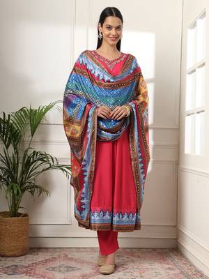  pink anarkali silk blend kurta set with pant and dupatta with cotton lining 1