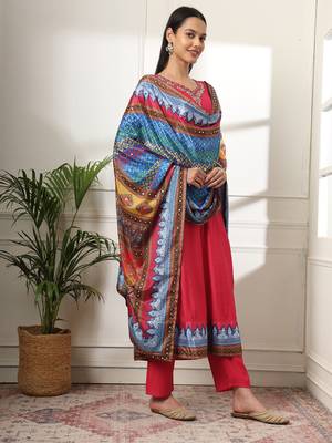  pink anarkali silk blend kurta set with pant and dupatta with cotton lining 2