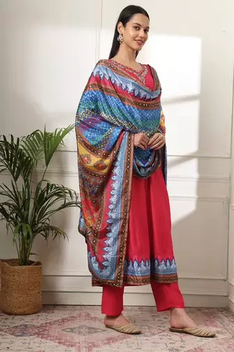  pink anarkali silk blend kurta set with pant and dupatta with cotton lining