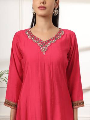  pink anarkali silk blend kurta set with pant and dupatta with cotton lining 4