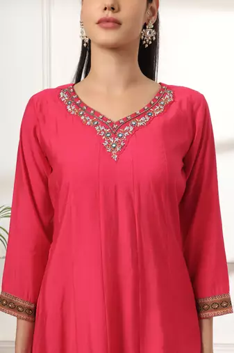  pink anarkali silk blend kurta set with pant and dupatta with cotton lining