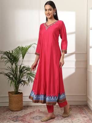  pink anarkali silk blend kurta set with pant and dupatta with cotton lining 5