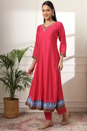  pink anarkali silk blend kurta set with pant and dupatta with cotton lining