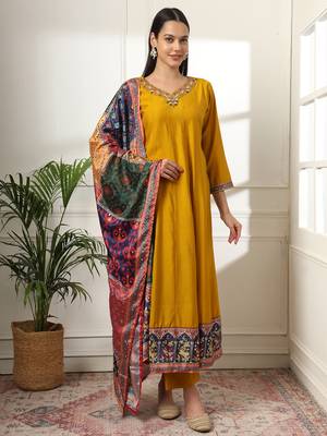  mustard anarkali silk blend kurta dupatta set 1