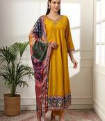  mustard anarkali silk blend kurta dupatta set