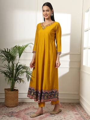  mustard anarkali silk blend kurta dupatta set 2
