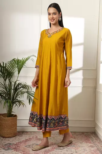  mustard anarkali silk blend kurta dupatta set