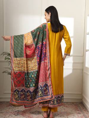  mustard anarkali silk blend kurta dupatta set 3