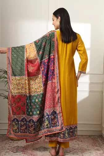  mustard anarkali silk blend kurta dupatta set