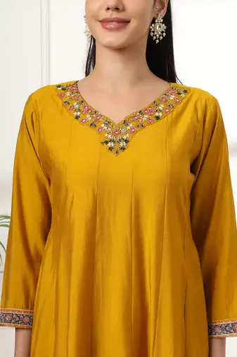  mustard anarkali silk blend kurta dupatta set