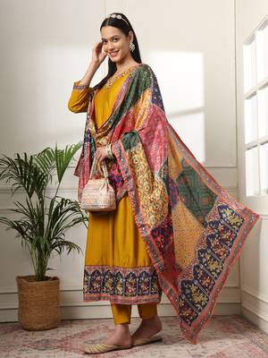  mustard anarkali silk blend kurta dupatta set 5