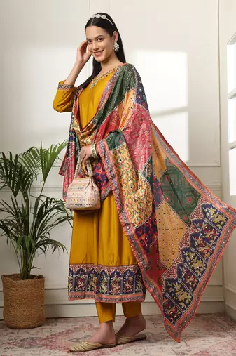  mustard anarkali silk blend kurta dupatta set