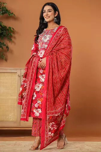  cotton pink embroidered kurta dupatta set