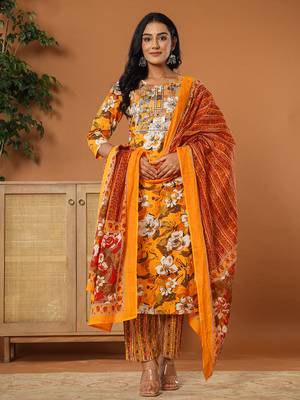  cotton mustard embroidered kurta dupatta set 1