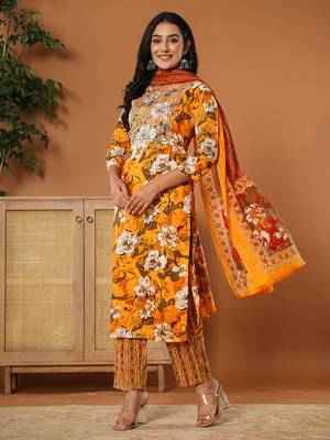  cotton mustard embroidered kurta dupatta set 2