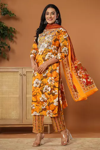  cotton mustard embroidered kurta dupatta set