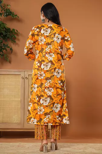  cotton mustard embroidered kurta dupatta set