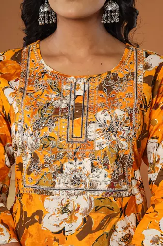  cotton mustard embroidered kurta dupatta set
