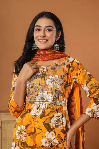 cotton mustard embroidered kurta dupatta set
