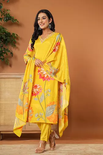  mustardmuslin hand embroidery v-neck kurta dupatta pant set