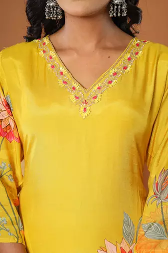  mustardmuslin hand embroidery v-neck kurta dupatta pant set