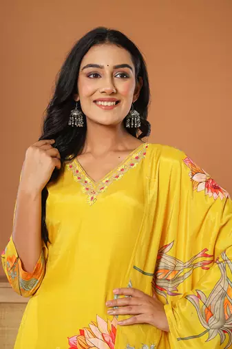  mustardmuslin hand embroidery v-neck kurta dupatta pant set