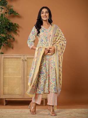  cotton yellow kurta dupatta set 1