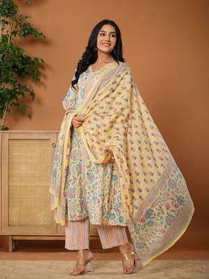  cotton yellow kurta dupatta set 2