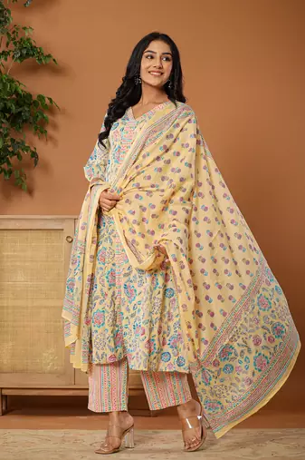  cotton yellow kurta dupatta set