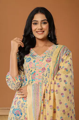  cotton yellow kurta dupatta set