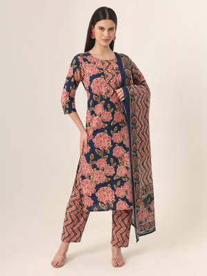  blue pure cotton straight kurta pants dupatta set 1