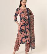  blue pure cotton straight kurta pants dupatta set