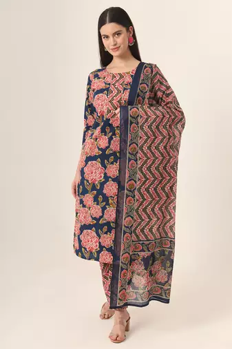  blue pure cotton straight kurta pants dupatta set